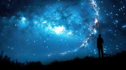 Fototapeta premium Silhouetted Figure Gazing at the Cosmic Wonders of the Starry Night Sky