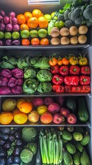 Fidge filled up with colorful fruits and vegetables, Food storage organization
