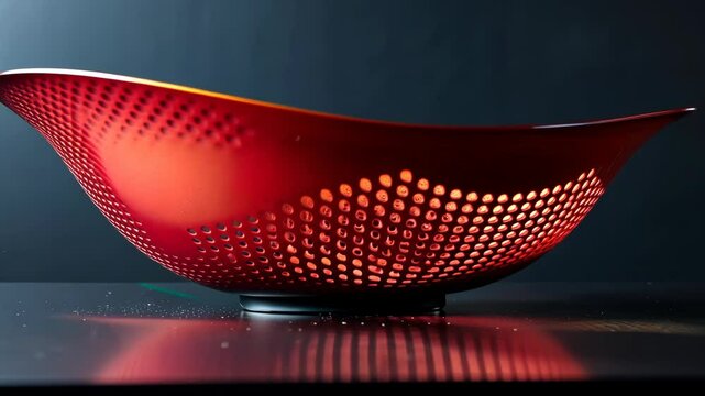 A red colander with a unique, patterned design sits on a dark surface