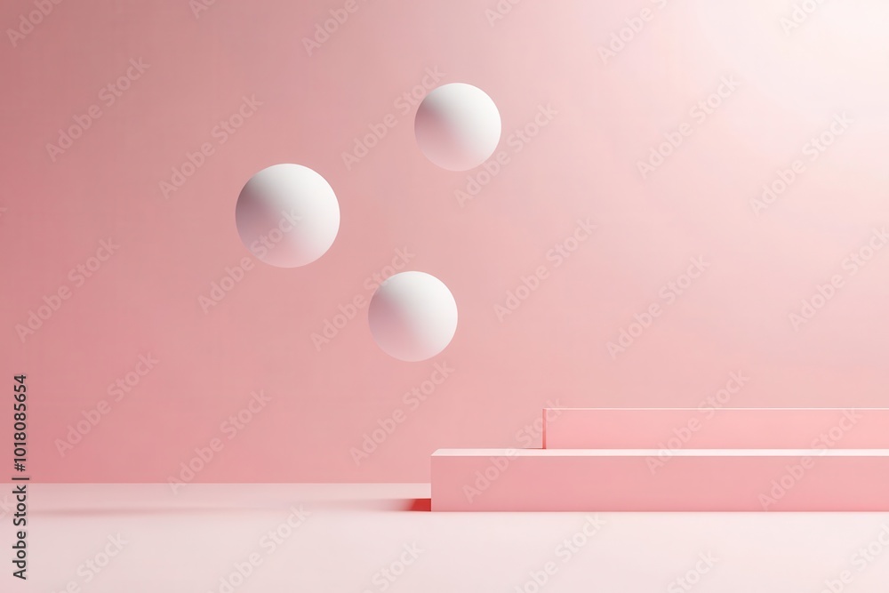 Poster minimalist composition featuring white spheres floating above pink steps, creating a serene and mode