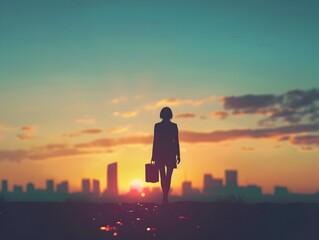 Fototapeta premium Silhouetted Businessman Walks Towards Distant City Skyline at Sunrise