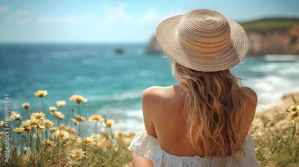 Canvas Prints Woman in a straw hat enjoying a scenic ocean view.