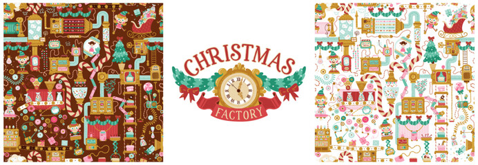 Fototapeta premium Christmas factory seamless pattern with elves packing gifts for children. Hand drawn vector cartoon illustration in retro style, fantasy mechanisms, tools, pipes. Chocolate and white background.