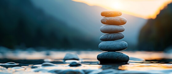 Stack of balanced rocks on a peaceful riverbank at sunset, serene atmosphere