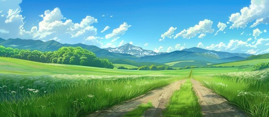 Obraz premium Scenic View of Lush Landscape and Rural Path