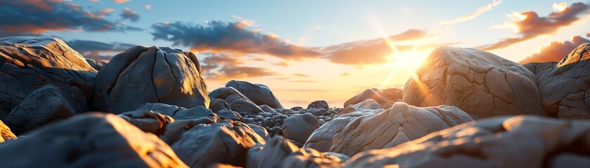 Towering boulders in a desert landscape, sun setting behind, 3D illustration