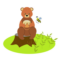 Flat cartoon children  vector illustration with bear, . Trendy design for wall decor, postcard, cover, t shirt.
