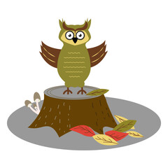 Flat cartoon children  vector illustration with  owl. Trendy design for wall decor, postcard, cover, t shirt.
