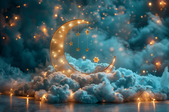 Photo backdrop for children of blue night sky with small bright stars and a cute moon and fluffy clouds