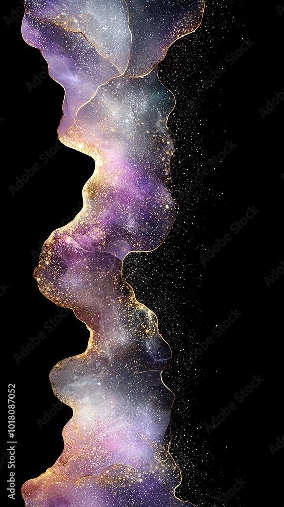 Poster a black background with a multi-colored pattern on the bottom and a starry design at its base