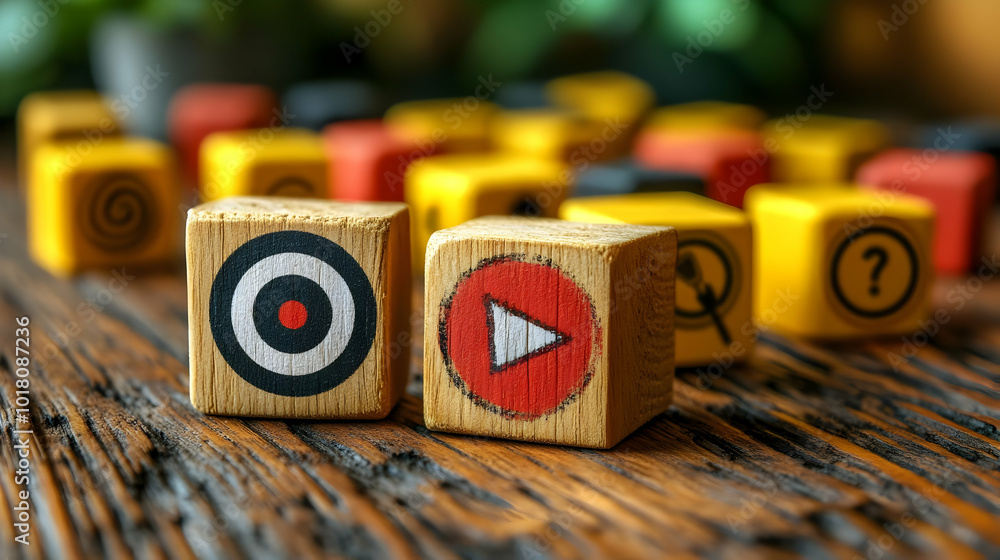 Poster wooden blocks with symbols on a rustic table.