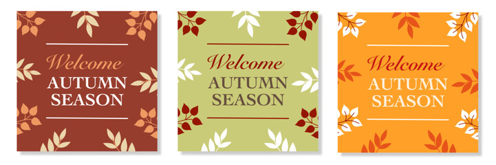 Obraz premium Welcome Autumn season. Happy thanksgiving greeting with maple leaves and square background for poster, invitation, card, flyer, cover, banner, social media, sale, advertising. Flat vector illustration