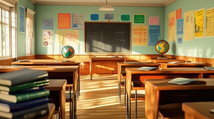 A bright 70s classroom with vintage wooden desks and a chalkboard at the front. The walls are adorned with colorful educational posters
