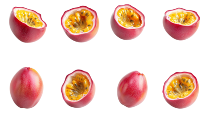  fresh passion fruit isolated on transparent background in various angles and positions, cut and whole