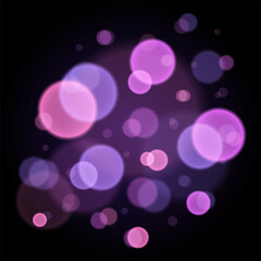 Bokeh light effect in purple and pink colors vector background. Festive bokeh background with shiny, glow effects. Abstract vector background with bokeh glow vector illustration