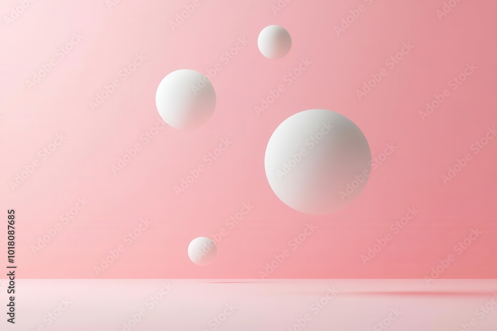 Poster minimalistic composition of floating spheres on a soft pink background, creating a serene and modern