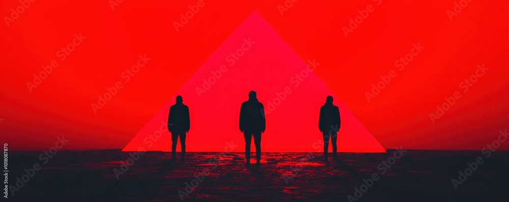 Poster a striking silhouette of three figures against a vibrant red backdrop with a geometric triangle, cre