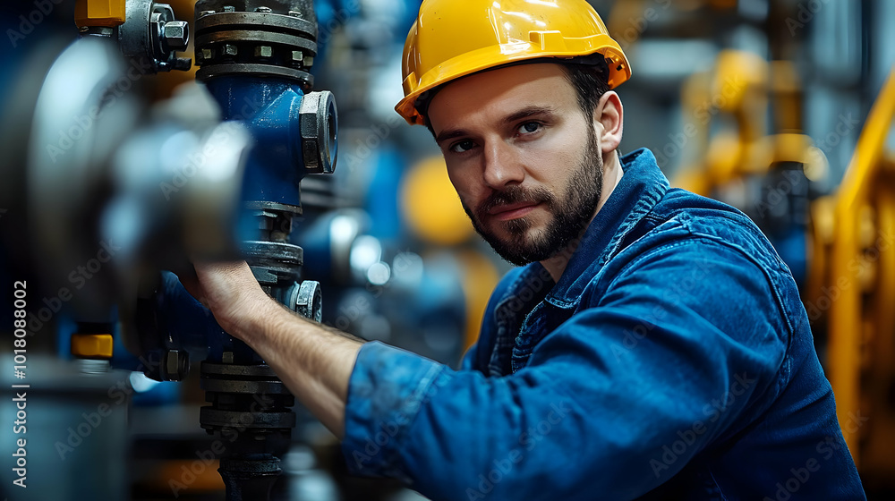 Poster worker in a helmet inspecting machinery in an industrial setting.