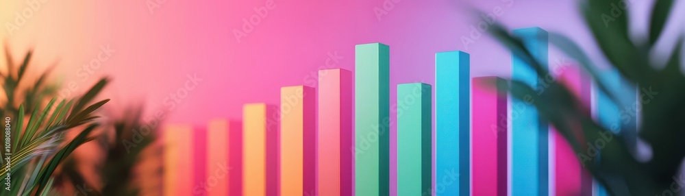 Poster an abstract representation of colorful bar graphs against a vibrant background, suggesting growth an