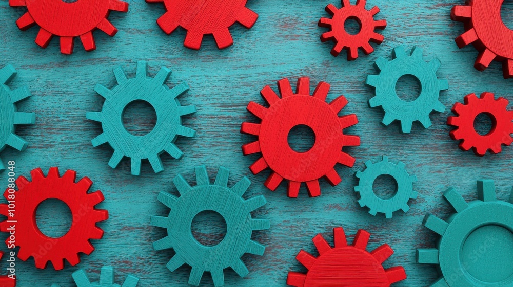 Poster colorful gears in red and teal arranged on a blue wooden surface, creating a vibrant and dynamic pat