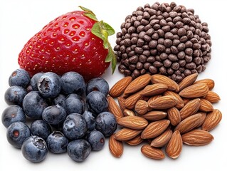 Assorted healthy snacks including strawberries, blueberries, almonds, and chocolate balls.