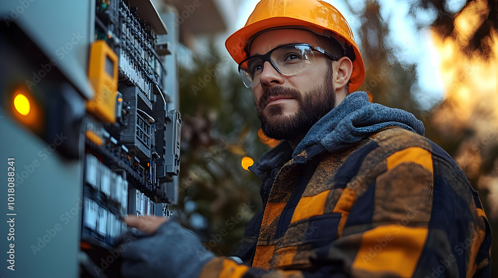 Poster Worker in safety gear inspecting electrical equipment outdoors.