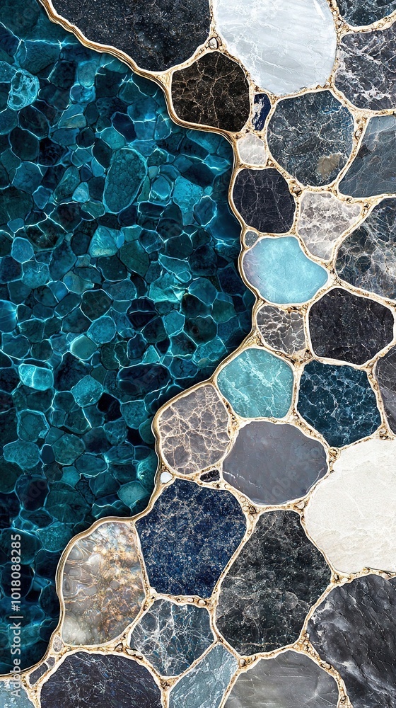 Poster a close-up of a pool with rocks and pebbles on the bottom