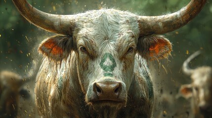 A black bull bursts through a sci-fi portal glowing in white, green, red, and pink colors.