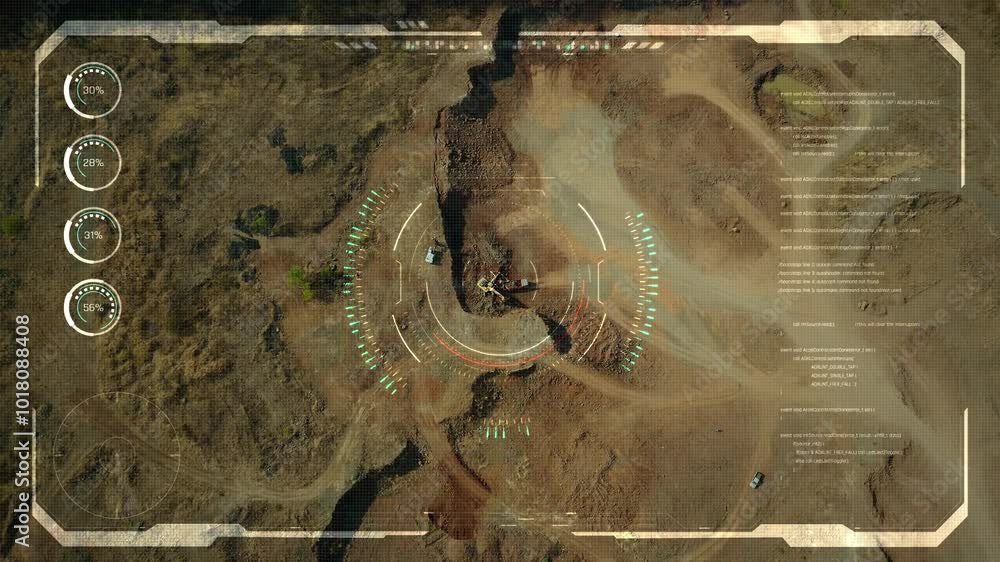 Poster drone ui drone footage aerial view stone mining industry. for cyber technology and futuristic concep