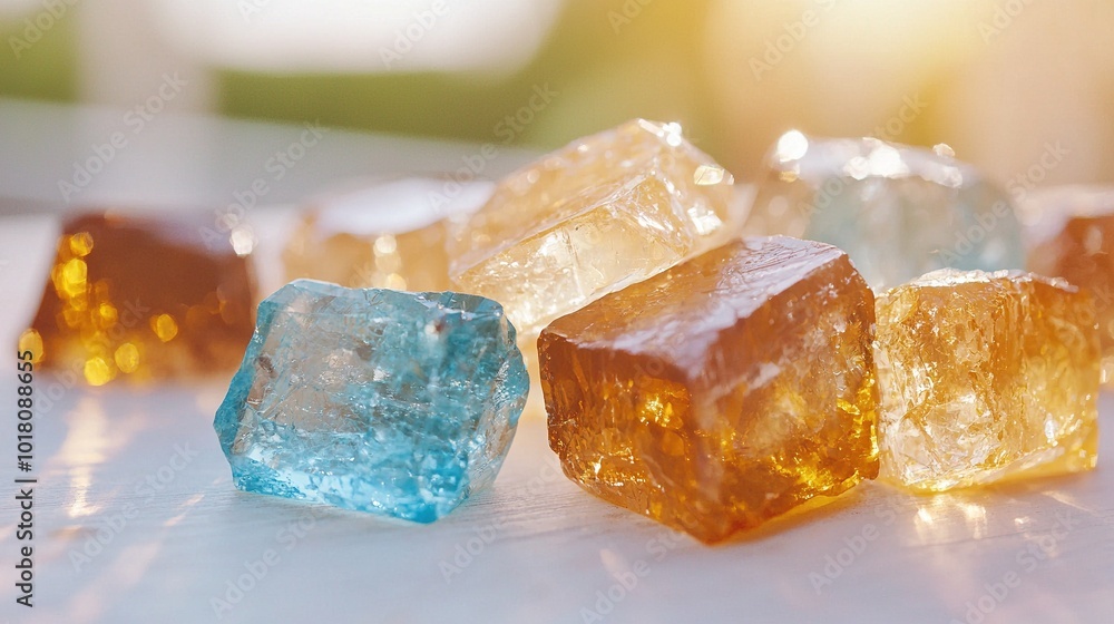 Aufkleber a cluster of ice cubes arrayed on a stark countertop against a hazy backdrop