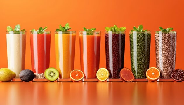 Colorful smoothies arranged neatly against an orange background.