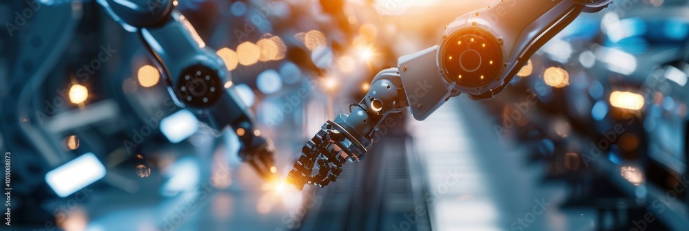 Poster advanced robotic arms operate expertly on a car assembly line, ensuring precision and speed in manuf