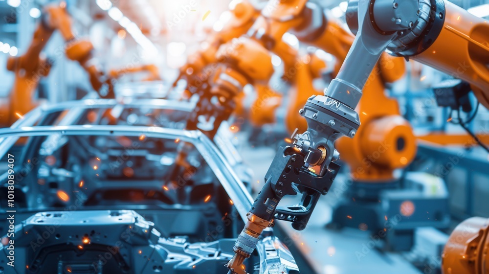 Leinwandbilder robotic arms are actively engaged in precise tasks to assemble a car, showcasing advanced manufactur