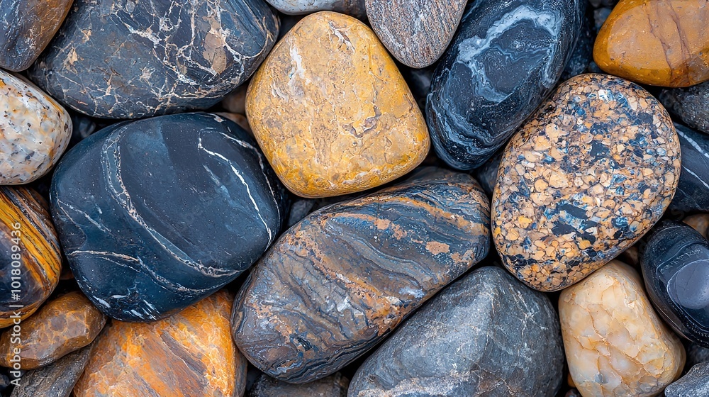 Poster a macro image showcasing diverse-sized and colored pebbles clustered together