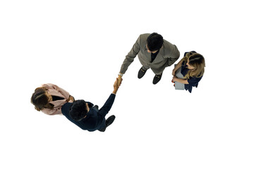 High angle view of business partners shaking hands on white background.