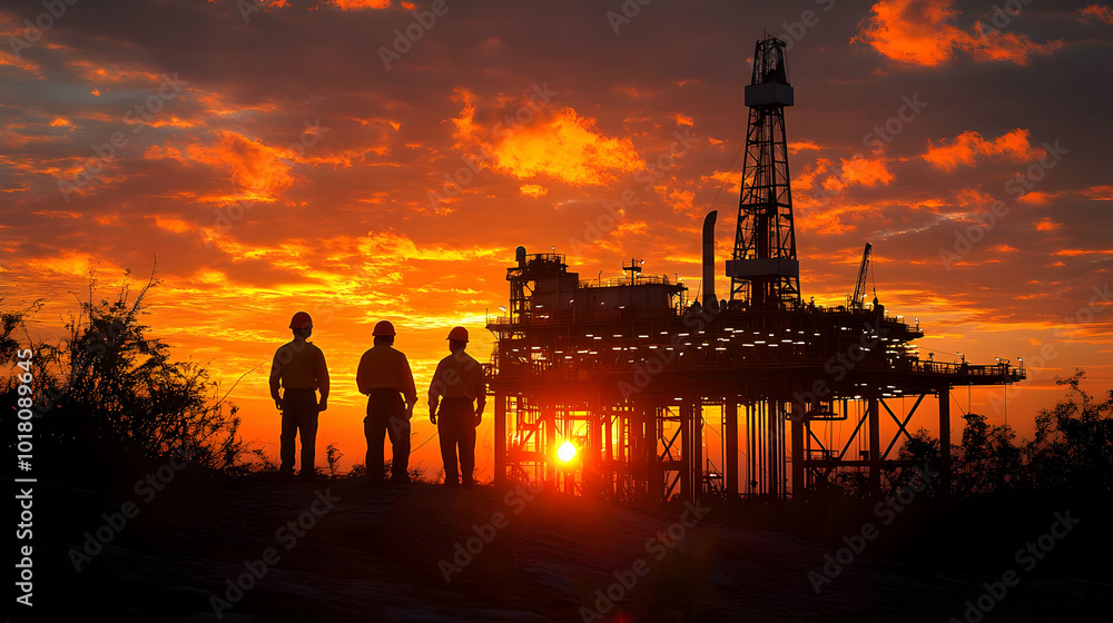 Poster Workers silhouetted against a sunset near an oil drilling rig.