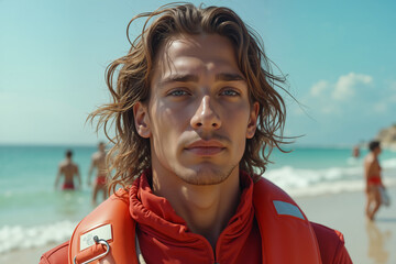 Young man with long hair and a beard, wearing a red life jacket, stands on a beach looking out at the ocean, possibly indicating his profession as a lifeguard or water sports instructor.