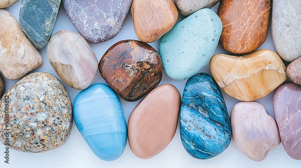 Poster a cluster of brightly-hued pebbles arranged on a white background, featuring an array of vibrant roc