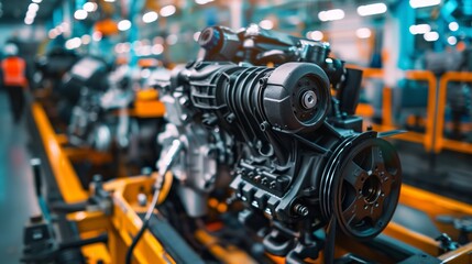 Engine Assembly in a High-Tech Automotive Factory