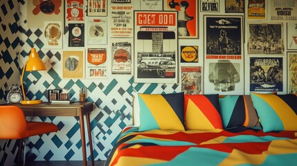 A colorful 70s dorm room with bold geometric bedsheets