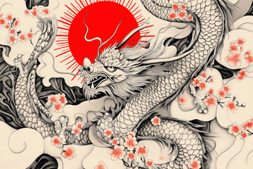 Intricate illustration of a dragon with detailed scales and flowing mane, surrounded by cherry blossoms and a bold red sun in the background, showcasing traditional Asian art elements.