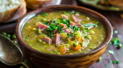 Hearty Pea Soup in Terracotta Bowl with Fresh Parsley and Bread. Split Pea Soup with Ham