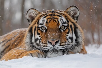 Siberian tiger relaxing on snow during snowfall