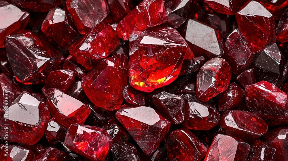 Poster a macro shot of a mound of reddish crystal fragments illuminated by a fiery source at their core