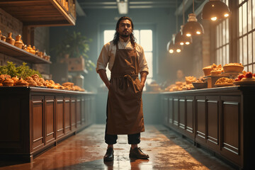 Bearded man, presumably a baker or chef, stands confidently in his professional attire of an apron and pants, with a backdrop of a well-stocked kitchen filled with various ingredients and utensils.
