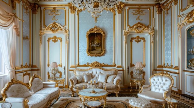 Opulent Baroque Style Living Room with Ornate Gold Accents