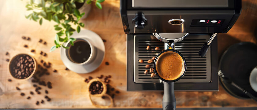 Top view of  kitchen with coffee brewing at coffee machine. Pouring espresso. Coffee shop, cafe illustration. Copy space. Generative ai
