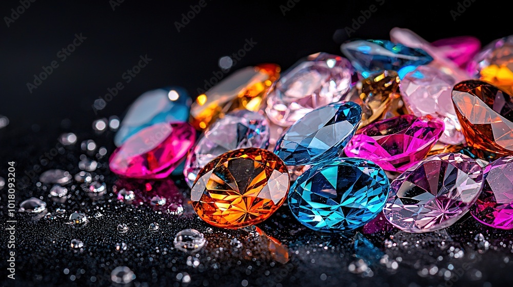 Poster a multicolored diamond array resting atop water droplet clusters on a dark background