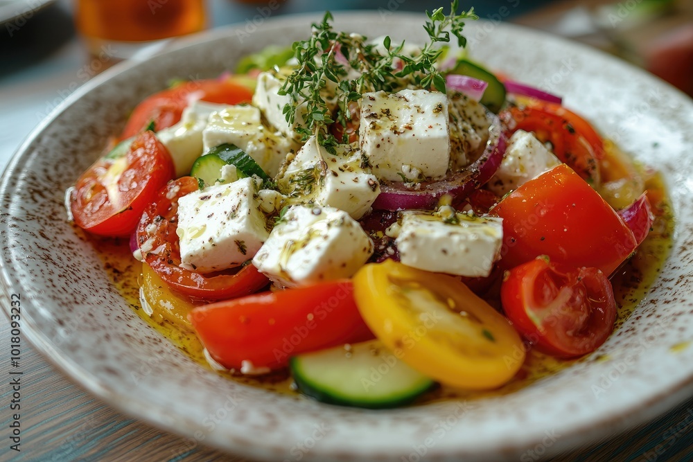 Wall mural Fresh greek salad with feta cheese, tomatoes, and herbs on a plate