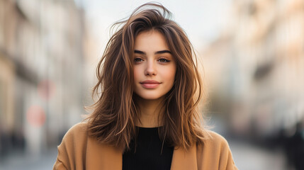 Obraz premium young woman with long, wavy hair and warm smile stands outdoors in urban setting, wearing brown coat and black top.